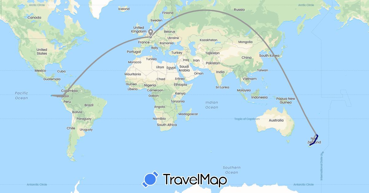 TravelMap itinerary: driving, plane, boat in Germany, Ecuador, New Zealand (Europe, Oceania, South America)